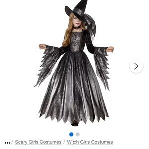 Spirit Halloween Kids Size Large Gothic Witch Costume with Hat Black and Silver